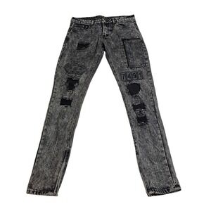 Y&R Acid Wash Distressed Denim Jeans Patches Slim Fit Black Gray Mens 33 *READ*